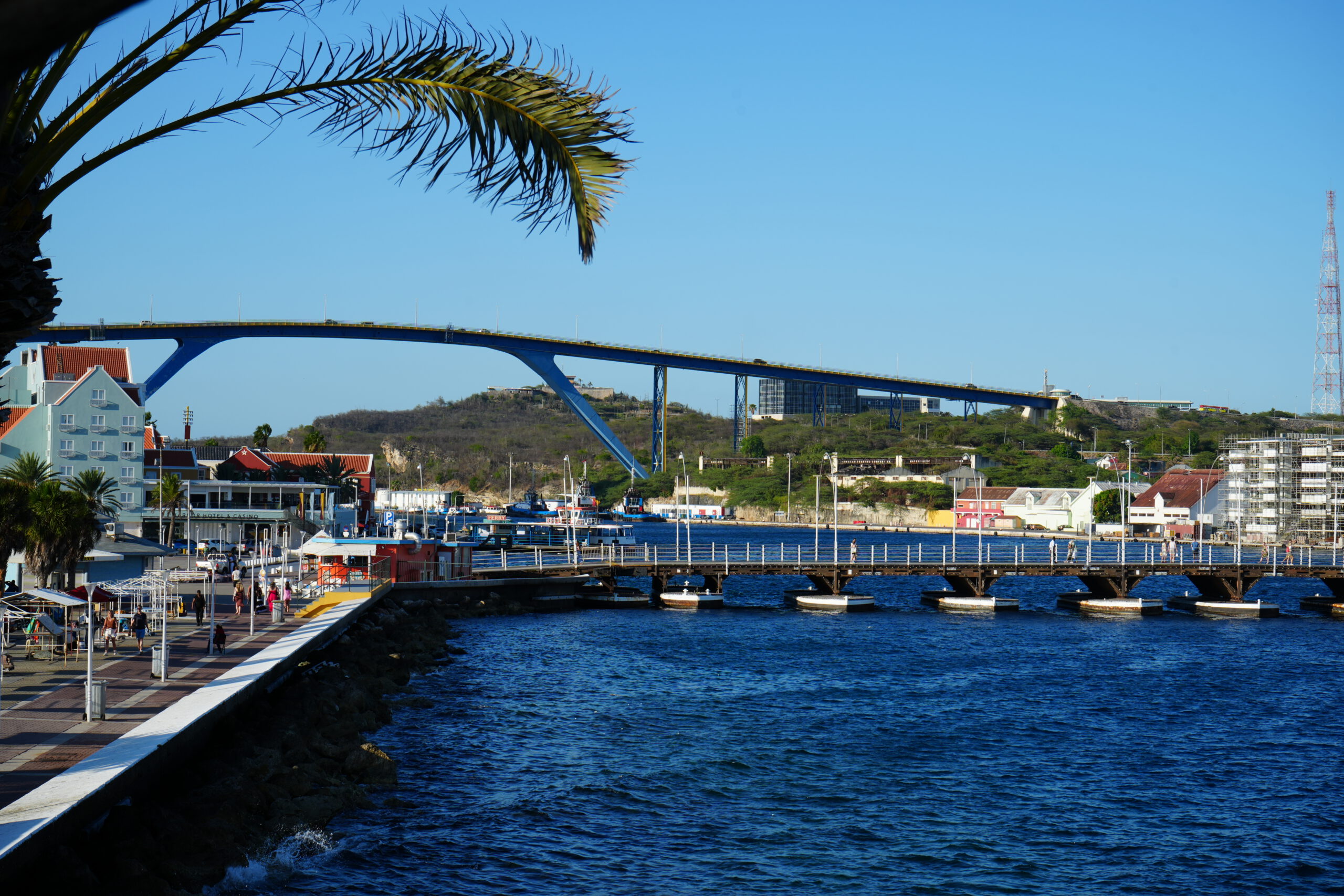 Queen Juliana Bridge view and waterfront in historic Punda, Willemstad