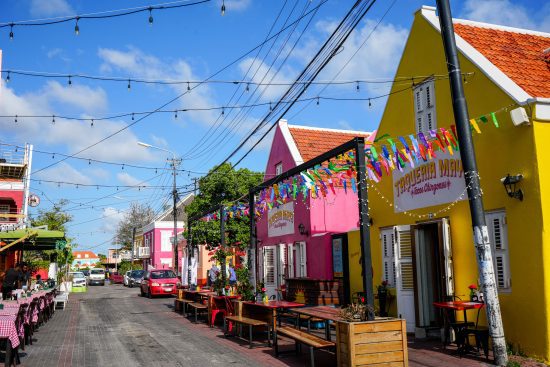 Colourful buildings and street cafés in Pietermaai District, Willemstad, Curaçao