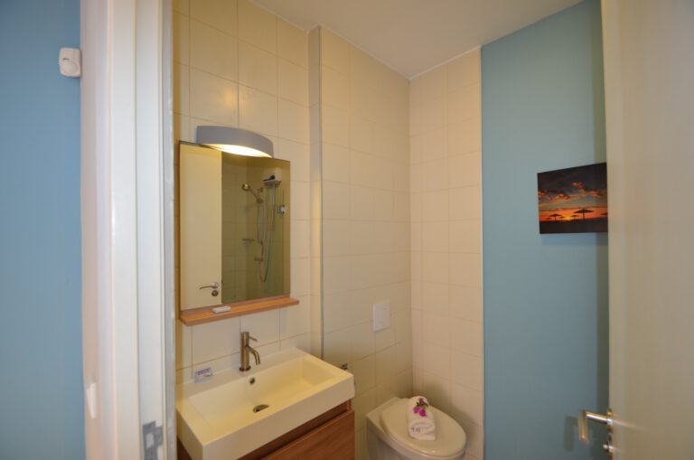 Modern bathroom with sink, mirror and neutral tones – Luna apartment Curaçao