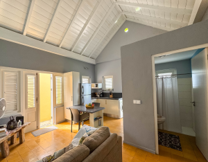 Spacious living room with high vaulted ceiling and kitchen – Aqua apartment Curaçao