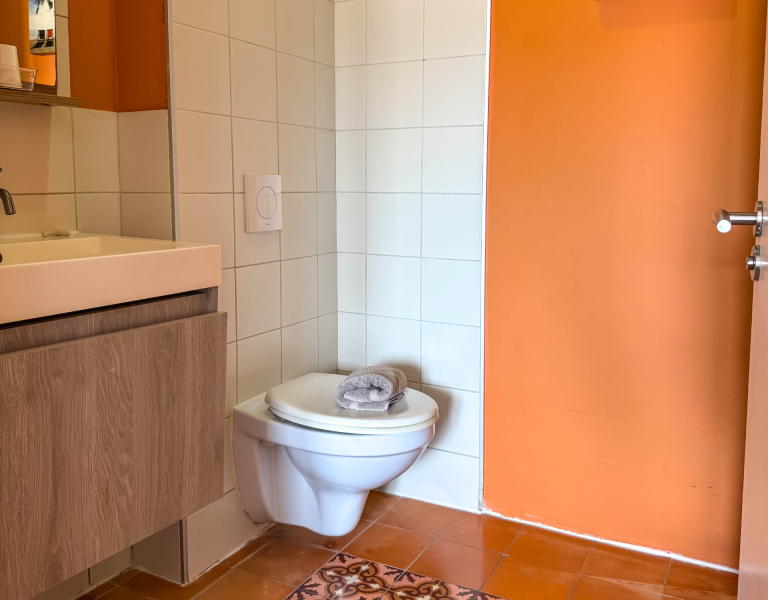 Bathroom detail of Apartment Soleil with modern sink, wall-mounted toilet, and orange accent wall